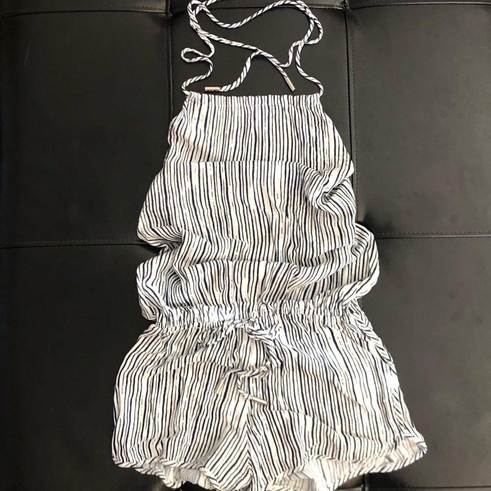 Lulu’s FORTUITOUS NAVY BLUE STRIPED HALTER ROMPER